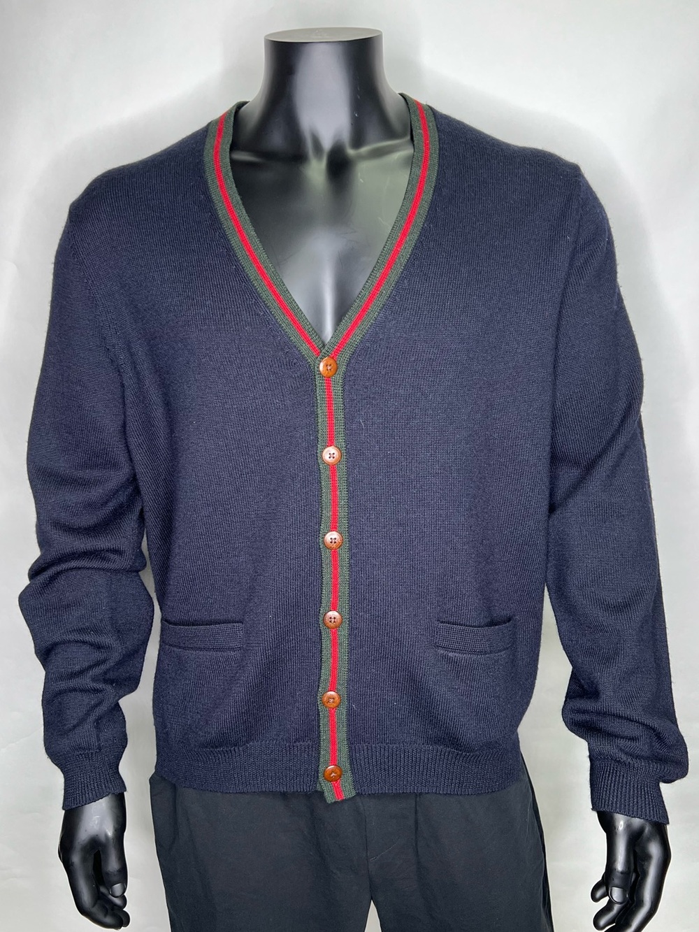 Brooks Brothers Navy V Neck Cardigan with Red & Green Trim